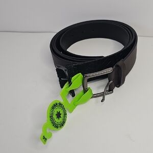 DC Men’s Black and Brown Leather Belt with Neon Green Tag Size 34